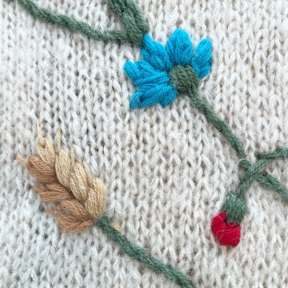 Vintage Hand Knit Floral Wool Mohair Blend Cardigan Cream Chunky Made Italy XS/S - Picture 11 of 17